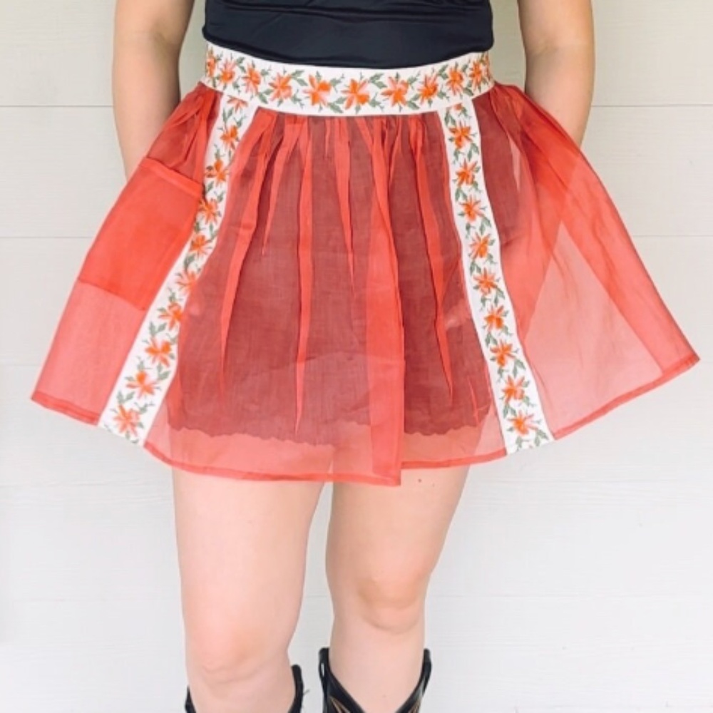 Vintage 1960’s Red Sheer Christmas Apron • Floral Ribbon • Holiday - Vintage